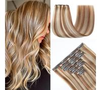 GUDOZO Extensiones De Pelo Humano Con Clip 60cm 7 Unidades 120g Color Rubio Mixto con Castaño Claro Natural Invisible Extensiones(24 Pulgadas, P6/613#)
