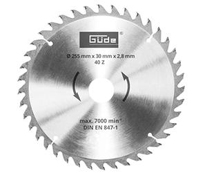 Güde 55264 - Hoja de sierra para madera (HM, 255 x 30 x 40 Z, máx. 1/7000 min, DIN EN 847-1), color plateado