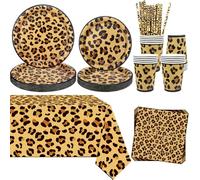 Guepardo Decoración de Fiesta de Cumpleaños Estampado Leopardo Suministros Incluido Platos Mantel Servilletas Vajilla para Selva Safari Print Baby Shower Serves 20
