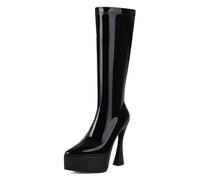 Gueploer Botas Altas de Mujer de Charol con Punta y Tacones Gruesos, Botas largas de Fiesta para Uso Diario,Negro,38 EU