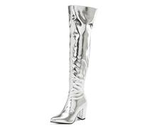 Gueploer Botas de Mujer por Encima de la Rodilla, Tacones de Bloque Puntiagudos, Botas hasta el Muslo para Fiesta y Uso Diario,Plata,40 EU