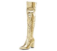 Gueploer Botas de Mujer por Encima de la Rodilla, Tacones de Bloque Puntiagudos, Botas hasta el Muslo para Fiesta y Uso Diario,Oro,45 EU