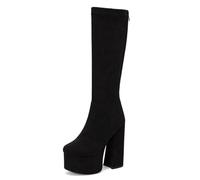 Gueploer Botas Largas De Mujer, Botas hasta La Rodilla De Ante con Punta Redonda Clásica Y Tacones Gruesos para Fiesta, Trabajo Y Banquete,Negro,40 EU