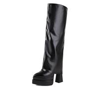 Gueploer Botas Largas Negras para Mujer, con Tacones Gruesos Puntiagudos Y Plataforma, Botas hasta La Rodilla para La Vida Diaria Y Fiestas,Negro,41 EU