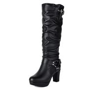 Gueploer Botas Largas para Mujer, Puntera Redonda, Tacones Gruesos Botas Altas hasta La Rodilla con Forro Fino De Felpa para Uso Diario Y Fiestas,Negro,33 EU