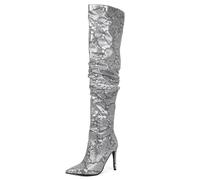 Gueploer Botas Largas para Mujeres, Tacones Finos Puntiagudos Botas De Fiesta hasta La Rodilla para La Vida Diaria De Otoño, Banquete, Baile De Graduación,Plata,42 EU