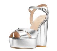 Gueploer Sandalias De Mujer con Tacón Grueso, Plataforma Clásica Tacones Altos, Zapatos De Vestir Redondos Destalonados con Punta Abierta para Fiesta, Banquete,Plata,40 EU