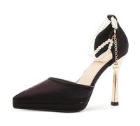 Gueploer Zapatos De Tacón Alto De Satén para Mujer, Boca Puntiaguda Y Poco Profunda Tacón Stiletto Zapatos De Fiesta con Tiras De Perla En El Tobillo para Uso Diario,Negro,35 EU