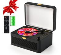 Gueray Reproductor CD Cuero Portátil con Altavoces 3600mAh Recargable Bluetooth para Decoración Hogar, Regalo Festival Diseño Maletín Retro con Mando, Soporta USB AUX(Negro)