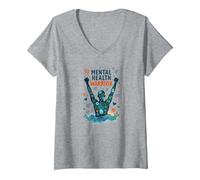 Guerrero de Salud Mental empoderando a los Hombres Arte Inspirador Camiseta Cuello V, Mujer, Gris Jaspeado, XXL