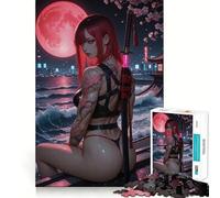 Guerrero pelirrojo Tatuado con Katana bajo la Luna Rompecabezas de 1000 Piezas para Adolescentes Jigsaw Wise Think Toy Relax Time Clear Cut Festival Gift (38x52cm)