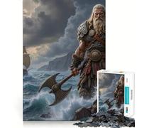 Guerrero Vikingo con Hacha Junto al mar Rompecabezas de 1000 Piezas Juguete de construcción Focus Building Toy Ajuste Huecos Actividad gratificante para días lluviosos (38x52cm)