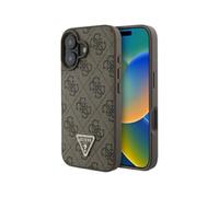 Guess 4G Strass Triangle Metal Logo Diamond Edition Funda de Piel para iPhone 16 Plus, tamaño de 6.7 Pulgadas, Color marrón