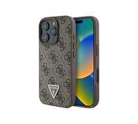 Guess 4G Strass Triangle Metal Logo Diamond Edition - Funda de Piel para iPhone 16 Pro, 6.3 Pulgadas, Color marrón