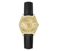 Guess Boa GW0989L2 - Reloj de Pulsera para Mujer (3 Bares, Correa de Piel Negra, Esfera de Cristal Mineral, Esfera Dorada, diámetro de la Caja: 32 mm)