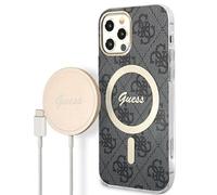 GUESS Bundle GUBPP12MH4EACSK Funda y Cargador iPhone 12/12 Pro Negro Carcasa rígida 4G Print