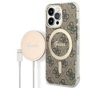 GUESS Bundle GUBPP13LH4EACSW Funda y Cargador iPhone 13 Pro marrón Hard Case 4G Print