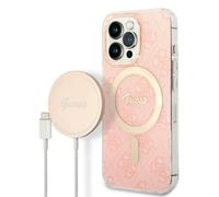 GUESS Bundle GUBPP13XH4EACSP Funda y Cargador iPhone 13 Pro MAX Rosa Hard Case 4G Print