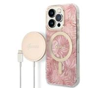 GUESS Bundle GUBPP14LHJEACSP Funda y Cargador iPhone 14 Pro 6,1" Rosa Hard Case Jungle