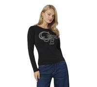 Guess Camiseta de cuello redondo de manga larga con logotipo central grande de pedrería, ajuste regular, color negro, Negro