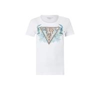 GUESS Camiseta ecológica de manga corta con triángulo de flores para mujer, Blanco puro, S