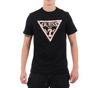 GUESS Camiseta para Hombre, Negro, Logotipo Triangular Metálico en Rosa Dorado, Manga Corta (FR/ES, Letras, M, Regular, Regular, Negro)