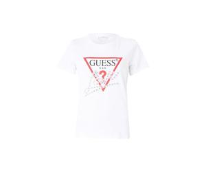 GUESS Camiseta para Mujer, Logo Triangular, Manga Corta, Blanco (FR/ES, Letras, L, Regular, Regular, Blanco)