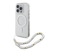 Guess CG - Funda para teléfono móvil diseñada para iPhone 16 Pro MAX, Duradera, a Prueba de Golpes, Compatible con Magsafe, IML Glitter con Correa de Perla, Transparente