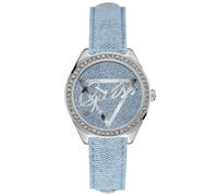 Guess Color Plata, Azul Denim Correa Piel, Cristales Bisel, Logo, Reloj U0456L10