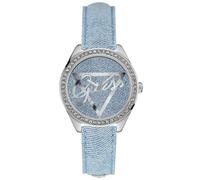 Guess Color Plata, Azul Denim Correa Piel, Cristales Bisel, Logo, Reloj U0456L10