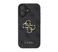 Guess Funda de metal para iPhone 16 con logotipo 4G y monograma, Gris oscuro