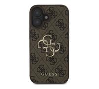 Guess Funda de metal para iPhone 16 con logotipo 4G y monograma, Marrón oscuro