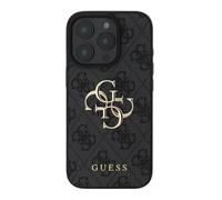 Guess Funda de metal para iPhone 16 Pro con logotipo 4G y monograma, Gris oscuro
