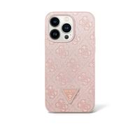 GUESS - Funda de piel sintética 4G con diamantes de imitación de metal triangular para iPhone 16 Pro (rosa)