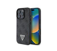 GUESS - Funda de piel sintética 4G triangular con diamantes de imitación metálicos para iPhone 16 Pro (negro)