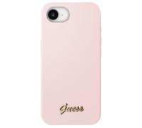 Guess Funda iPhone 16e Silicona Suave Logo Metálico Dorado, Rosa claro