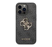 Guess Funda para iPhone 14 Pro con monograma y logotipo 4G en metal, Gris oscuro
