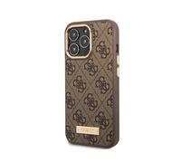 Guess Funda para iPhone 14 Pro Max PU 4G Placa de metal, Marrón