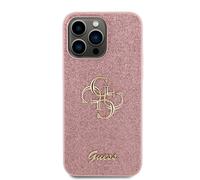 Guess Funda para iPhone 15 Pro Max con logotipo metálico y purpurina, Rosa