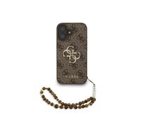 Guess Funda para iPhone 16 Plus - Carcasa de Polipiel Marrón con Logo 4G Clásico y Correa de Perlas, Diseño Elegante y Ajuste Preciso