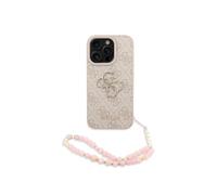 Guess Funda para iPhone 16 Pro MAX - Carcasa de Polipiel Rosa con Logo 4G Clásico y Correa de Perlas, Diseño Elegante y Ajuste Preciso