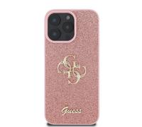 Guess Funda para iPhone 16 Pro Max con purpurina y logotipo en metal, Rosa