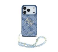 Guess Funda para iPhone 17 Pro MAX - Carcasa de Polipiel Azul con Logo 4G Clásico y Correa de Perlas, Diseño Elegante y Ajuste Preciso