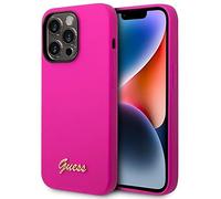 Guess GUHCP14LSLSMF - Carcasa rígida de Silicona para iPhone 14 Pro de 6,1", Color Fucsia y Fuschia con Logotipo de Oro Vintage, Color Negro