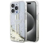 GUESS GUHCP15LLFCSEGT - Funda para iPhone 15 Pro de 6,1 Pulgadas, Transparente, rígida, con Purpurina líquida, Rayas Doradas
