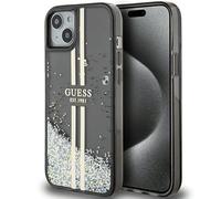 Guess GUHCP15MLFCSEGK Funda para iPhone 15 Plus/14 Plus de 6,7 Pulgadas, Color Negro, con Purpurina líquida y Rayas Doradas
