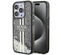 GUESS GUHCP15XLFCSEGK Funda para iPhone 15 Pro MAX 6,7 Pulgadas Funda rígida Negra con Purpurina líquida y Rayas Doradas