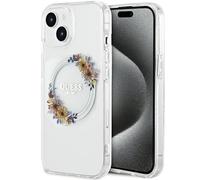 Guess GUHMP15SHFWFCT Funda para iPhone 15/14/13 6.1 Pulgadas Funda Rígida Transparente IML Flores Wreatch