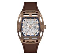 Guess Phoenix GW0980G3 - Reloj de Pulsera para Hombre, Acero Inoxidable, 42 mm, Correa de Silicona, Color marrón, 5 Bares, Esfera Plateada