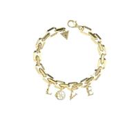 GUESS Pulsera 4 Love Dorada - Brazalete de Acero con Palabra LOVE, Flores y Logo 4G con Cristales Blancos